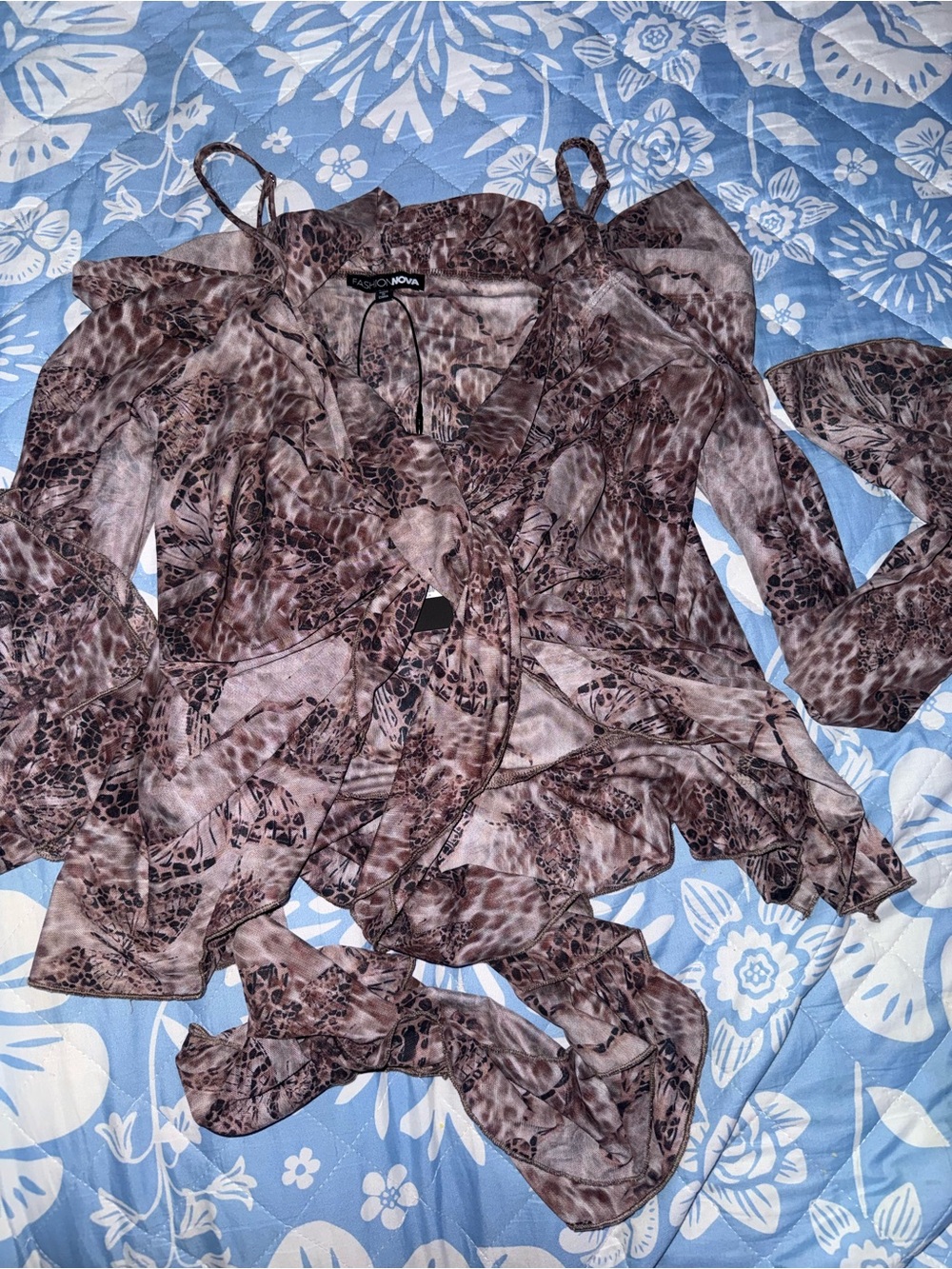 Fashion Nova Brown Animal Print Tie-Front Blouse sheer